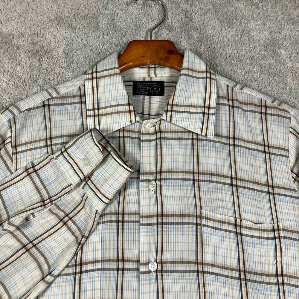 Vintage 70s JCPenney Mens Plaid Button Up Shirt Medium Brown Blue Long Sleeve